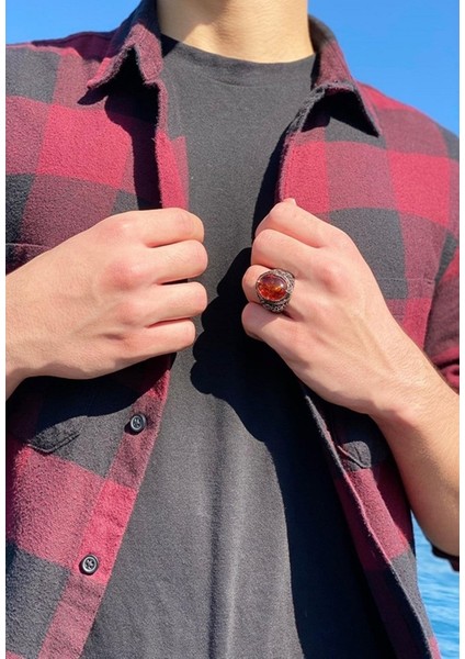 925 Ayar Gümüş Baltık Kehribar Taşlı Erkek Yüzük fiyatları