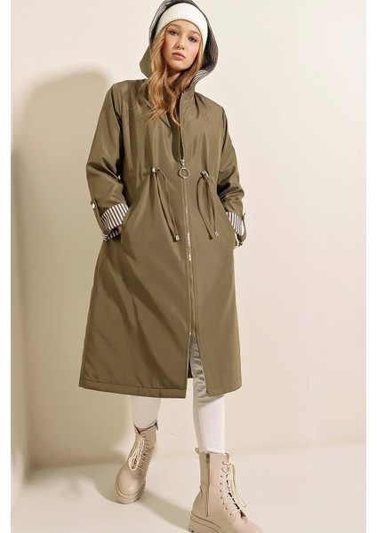 Haki Bel Büzgülü Trenchcoat