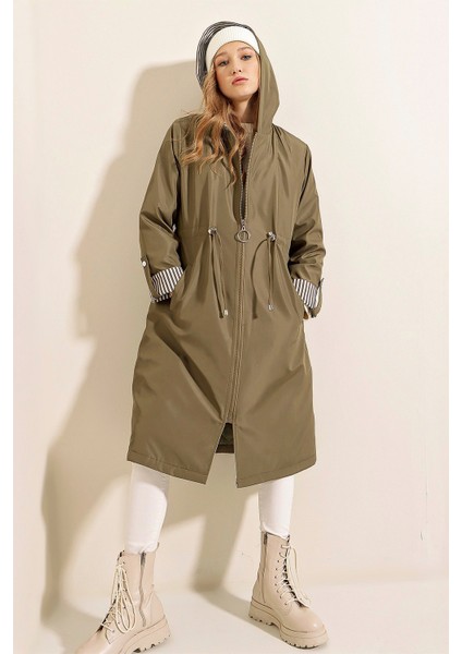 Haki Bel Büzgülü Trenchcoat