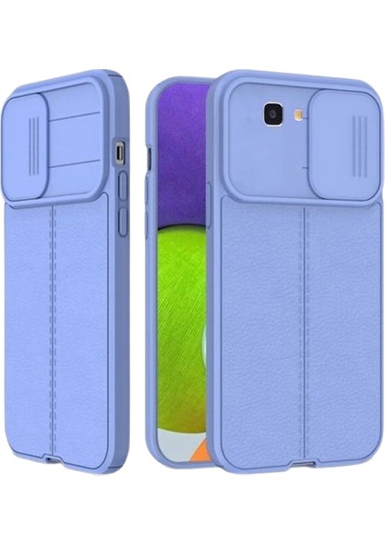 Samsung Galaxy J7 Prime Kılıf Kamera Sürgülü Deri Dokulu Mat Silikon+Nano Glass Koruyucu Mor