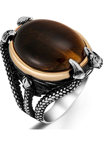 925 Ayar Gümüş Kaplan Gözü Taşlı Pençeli Erkek Yüzük