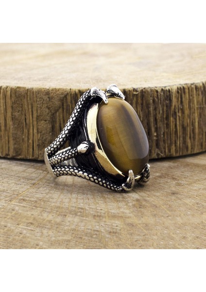 925 Ayar Gümüş Kaplan Gözü Taşlı Pençeli Erkek Yüzük fiyatları