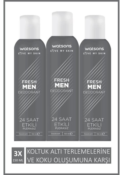 Fresh Men Pudrasız Deodorant Sprey 150 ml x 3
