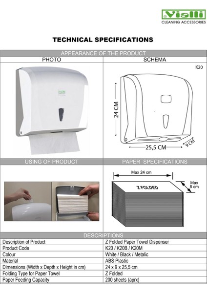 Vialli K20 Banyo Mutfak Lavabo Pratik Z Katlı Kağıt Havlu Dispenseri Kapasite 200 Kağıt Beyaz modelleri