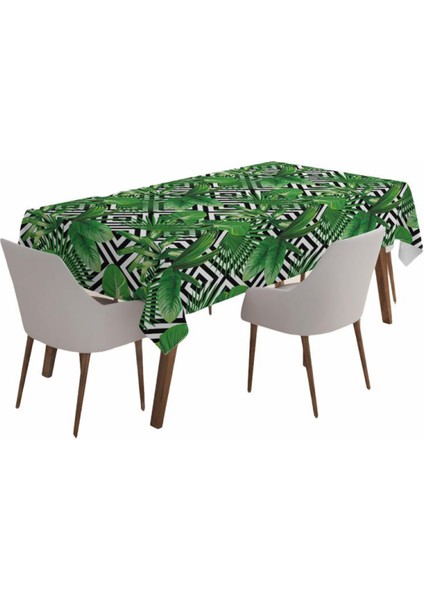 Tropik Yapraklar ve Zigzag Çizgiler Masa Örtüsü 120X140 cm