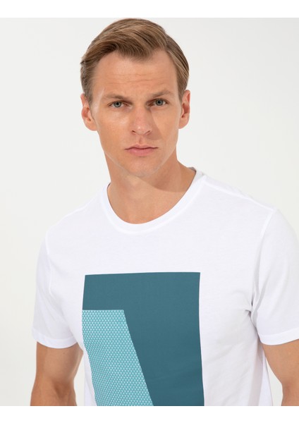 Erkek Beyaz Slim Fit Baskılı Bisiklet Yaka Tişört 50249867-VR013