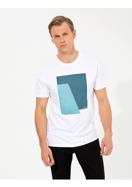 Erkek Beyaz Slim Fit Baskılı Bisiklet Yaka Tişört 50249867-VR013