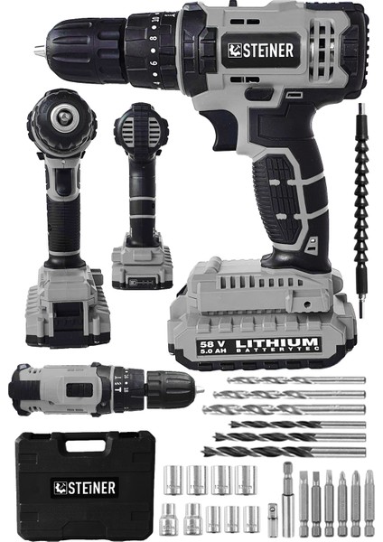 Alman 58 V 5 Ah Darbeli Lityum Çift Akülü Sjs Metal Şanzıman Şarjlı Vidalama Matkap 24 Pcs Set
