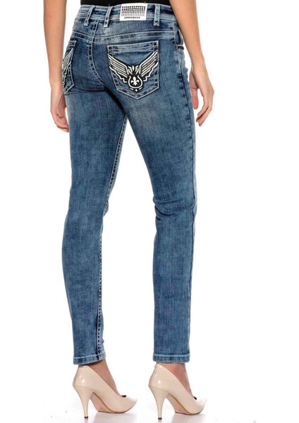 WD401 Taşlı Kanatlı Cep Detaylı Mavi Jeans Pantolon