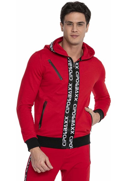 CL437 Fermuarlı Kapşonlu Kırmızı Sweatshirt