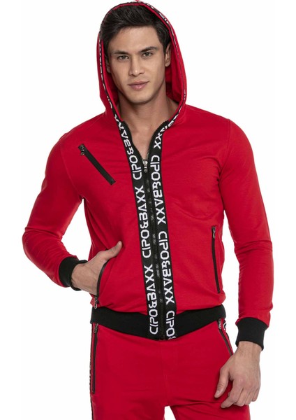 CL437 Fermuarlı Kapşonlu Kırmızı Sweatshirt modelleri
