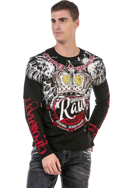 CL451 Taşlı Baskılı Siyah Sweatshirt