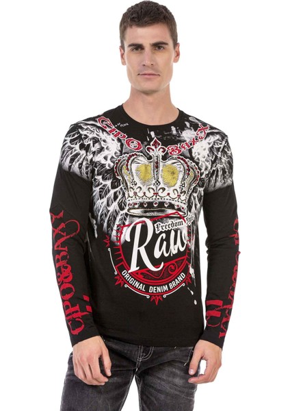 CL451 Taşlı Baskılı Siyah Sweatshirt
