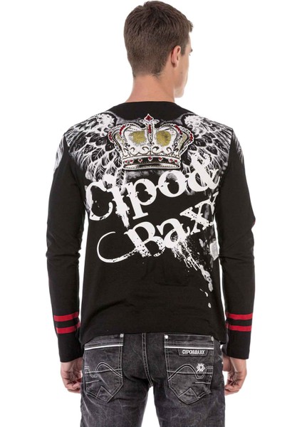 CL451 Taşlı Baskılı Siyah Sweatshirt