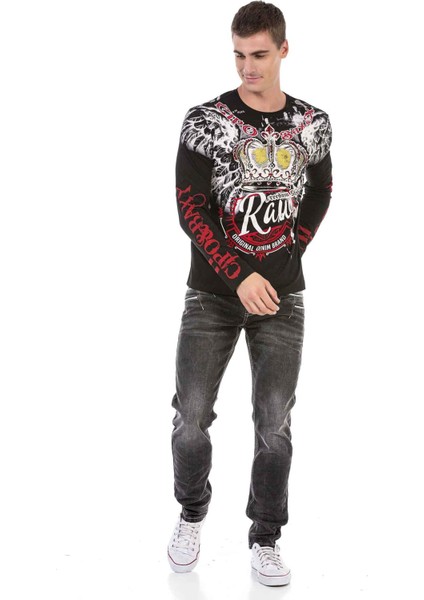 CL451 Taşlı Baskılı Siyah Sweatshirt
