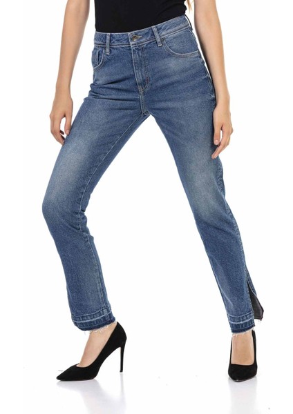 WD449 Yırtmaçlı Basic Mavi Mom Jeans