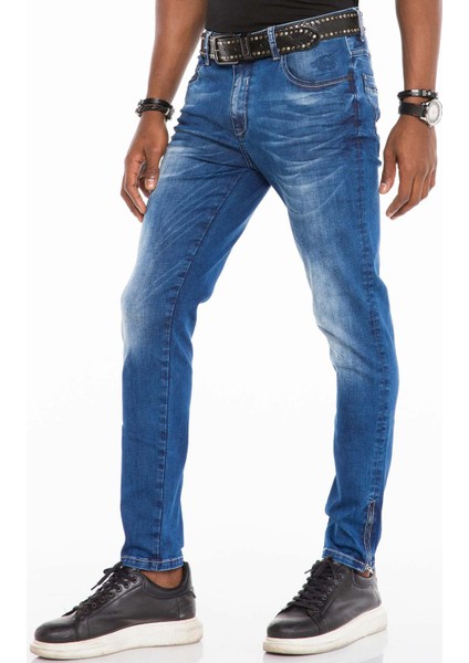 CD502 Paçaları Fermuarlı Yıkamalı Mavi Erkek Dar Jeans