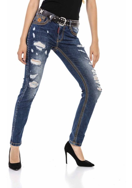 WD457 Destroyed Nakışlı Koyu Mavi Kot Pantolon