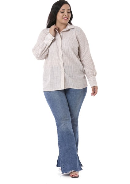Büyük Beden Katlamalı Kollu Robalı Geniş Manşetli Bej Çizgili Kadın Gömlek fiyatları