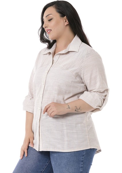 Büyük Beden Katlamalı Kollu Robalı Geniş Manşetli Bej Çizgili Kadın Gömlek fırsatları