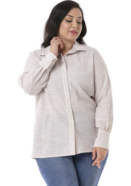 Büyük Beden Katlamalı Kollu Robalı Geniş Manşetli Bej Çizgili Kadın Gömlek indirimleri