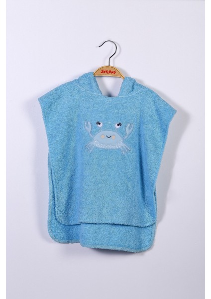 Unisex Çocuk Mavi Kapüşonlu Panço Plaj Havlusu (1-5yaş)