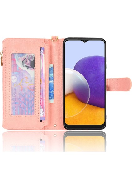 Yue Store Samsung Galaxy A22 5G Pembe Fermuar Deri Telefon Kılıfı (Yurt Dışından)