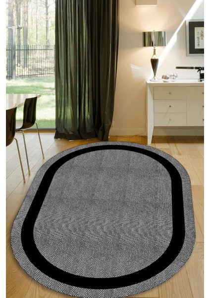 Gri - Siyah Çizgili Oval Halı (Makinada Yıkanabilir Kaymaz Dot Taban) - CP1327-2