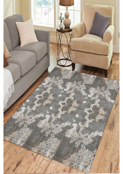 Gri - Krem Çizgisel Desenli Halı (Makinada Yıkanabilir Kaymaz Dot Taban) - CP1331