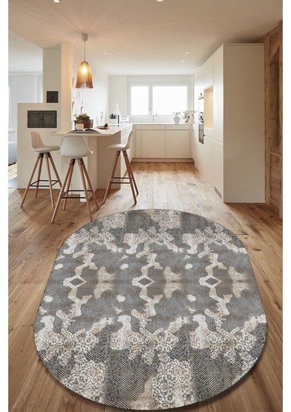 Gri - Krem Çizgisel Desenli Oval Halı (Makinada Yıkanabilir Kaymaz Dot Taban) - CP1331-2
