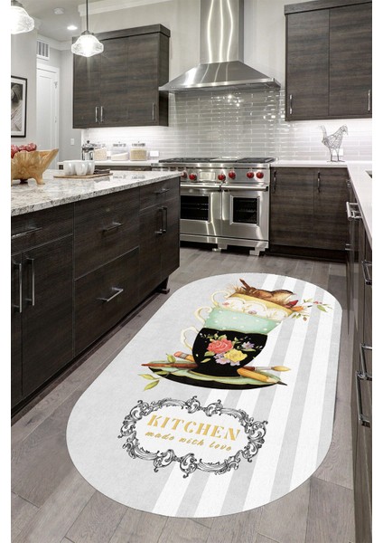 Fincan Desenli Mutfak Oval Halı (Makinada Yıkanabilir Kaymaz Dot Taban) - CP1343-2