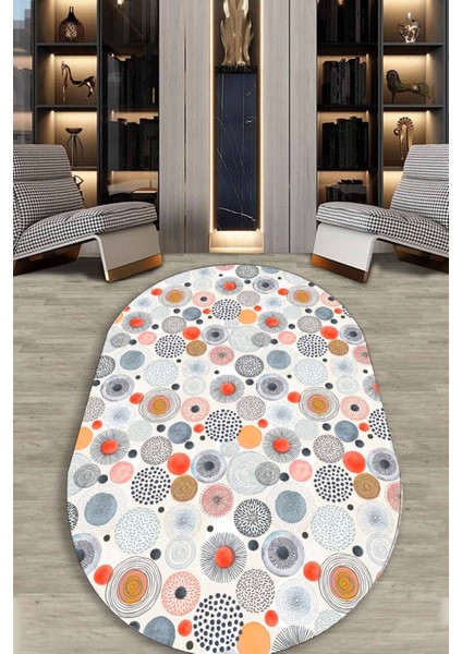 Daire Desenli Puantiyeli Oval Halı (Makinada Yıkanabilir Kaymaz Dot Taban) - CP1342-2