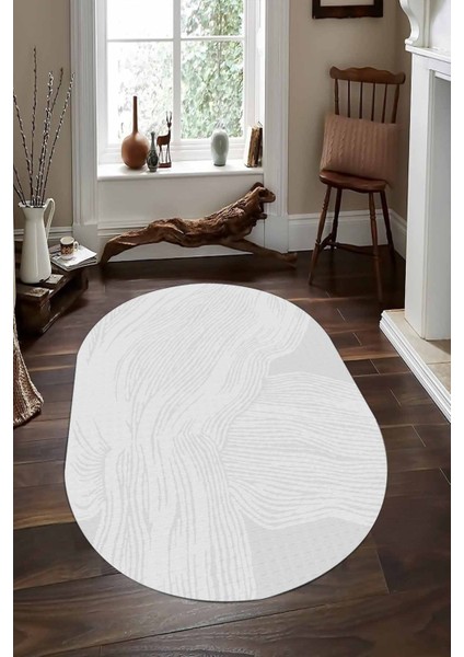Silik Çizgi Desenli Gri Oval Halı (Makinada Yıkanabilir Kaymaz Dot Taban) - CP1348-2