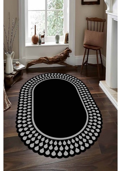 Gri-Siyah Damla Desenli Oval Halı (Makinada Yıkanabilir Kaymaz Dot Taban) - CP1354-2