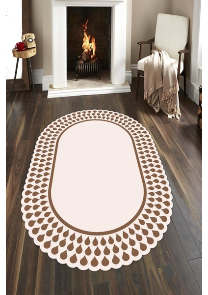 Kahve-Bej Damla Desenli Oval Halı (Makinada Yıkanabilir Kaymaz Dot Taban) - CP1356-2
