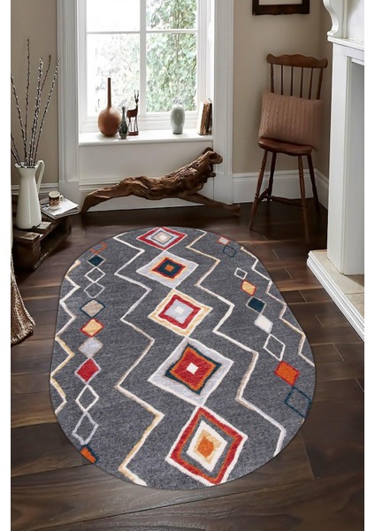 Şönil Kilim Desenli Gri Oval Halı (Makinada Yıkanabilir Kaymaz Dot Taban) - CP1359-2