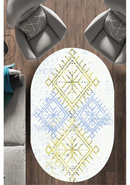 Sarı-Mavi Etnik Desen Oval Halı (Makinada Yıkanabilir Kaymaz Dot Taban) - CP1362-2