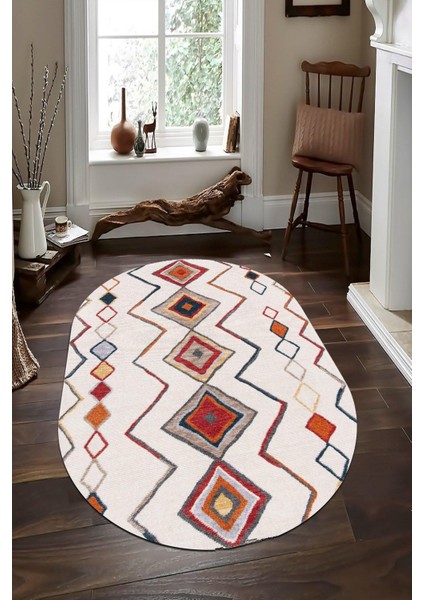 Şönil Kilim Desenli Krem Oval Halı (Makinada Yıkanabilir Kaymaz Dot Taban) - CP1361-2