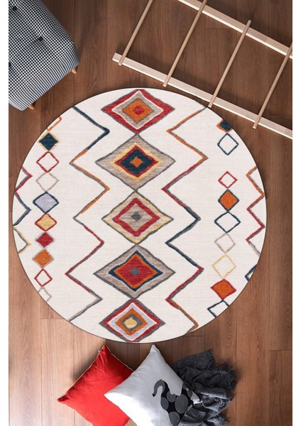 Şönil Kilim Desenli Krem Yuvarlak Halı (Makinada Yıkanabilir Kaymaz Dot Taban) - CP1361-1