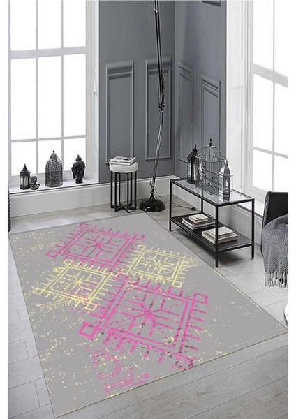 Sarı-Pembe Etnik Desen Halı (Makinada Yıkanabilir Kaymaz Dot Taban) - CP1363