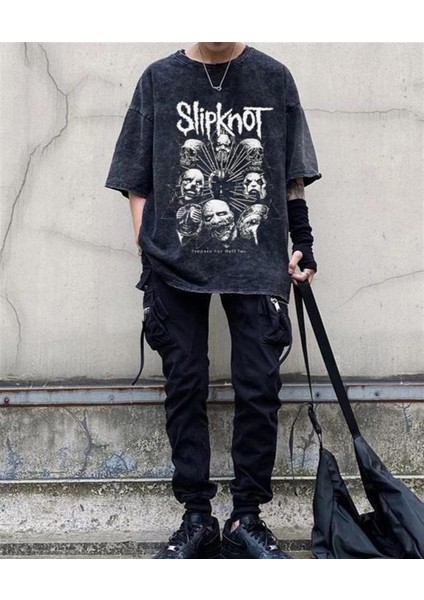 Rock Serisi Yıkamalı Slipknot Eskitme Unisex T-Shirt