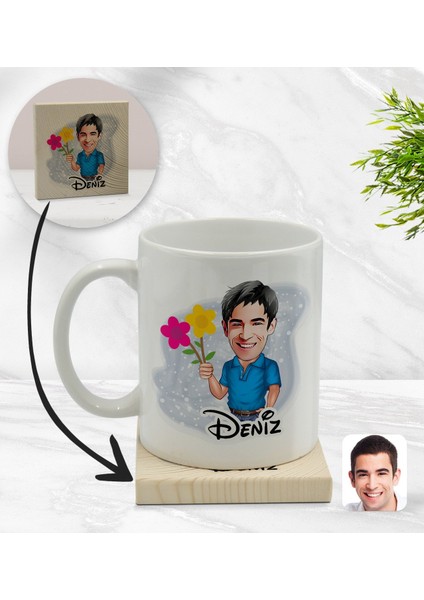 Kişiye Özel Erkek Karikatürlü Beyaz Kupa Bardak ve Ahşap Bardak Altlığı Hediye Seti - Model 1