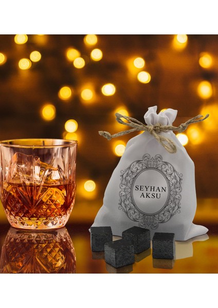 Gift Kişiye Özel Isimli Özel Kesesinde 12’li Doğal Granit Viski Soğutma Taşı Seti - Model 9 modelleri