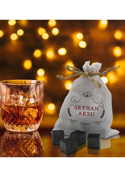 Gift Kişiye Özel Isimli Özel Kesesinde 12’li Doğal Granit Viski Soğutma Taşı Seti - Model 4 modelleri