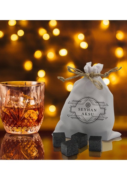 Gift Kişiye Özel Isimli Özel Kesesinde 12’li Doğal Granit Viski Soğutma Taşı Seti - Model 1 modelleri