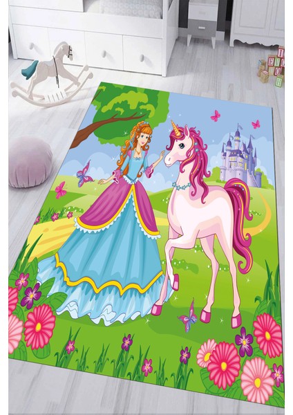 Dijital Baskılı Kaymaz Tabanlı Yıkanabilir Unicorn Çocuk Odası Halısı NHÇ-HP-631
