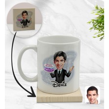 BK Kişiye Özel Erkek Doğum Günü Karikatürlü Beyaz Kupa Bardak ve Ahşap Bardak Altlığı Hediye Seti - Model 2