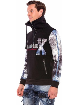 Cipo & Baxx CL366 Fermuarlı Dil Yaka Baskılı Kol Sweatshirt