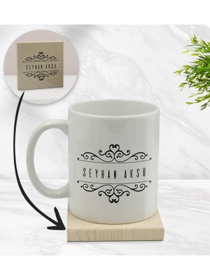 Bk Gift Kişiye Özel Isimli Beyaz Kupa Bardak ve Ahşap Bardak Altlığı Hediye Seti - Model 9