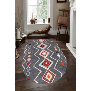 Cappio Halı Şönil Kilim Desenli Gri Oval Halı (Makinada Yıkanabilir Kaymaz Dot Taban) - CP1359-2